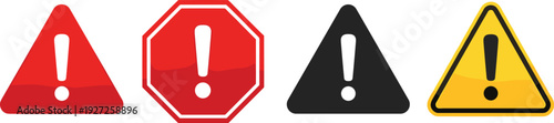 A collection of warning signs with exclamation marks in red, yellow, and black, ideal for safety, alerts, and hazard warnings