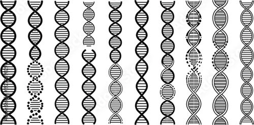 A set of DNA strand icons with varying line styles, including dashed, dotted, and striped patterns, for molecular biology and research