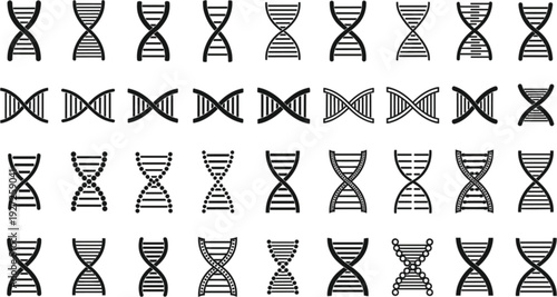 A collection of DNA structure icons in various line styles, including dashed, solid, and striped designs, for science and biology-related projects