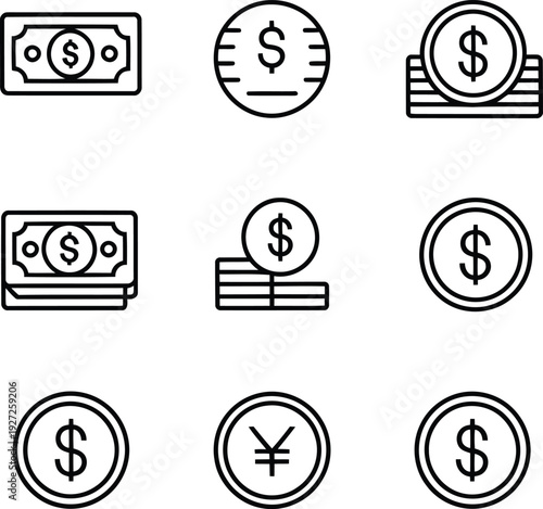 Assorted currency icons representing different forms of money and financial transactions.