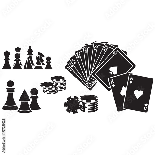Black icons of poker cards and chess pieces with casino chips