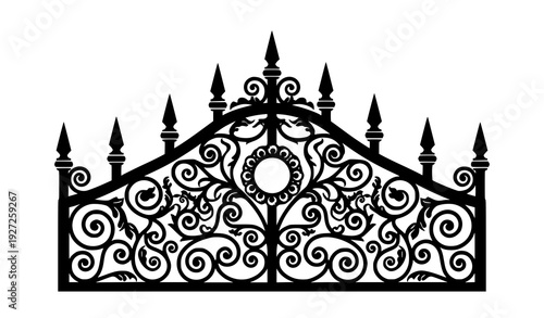 Intricate black wrought iron fence panel with floral scrollwork and pointed finials decorative metal barrier isolated on transparent background