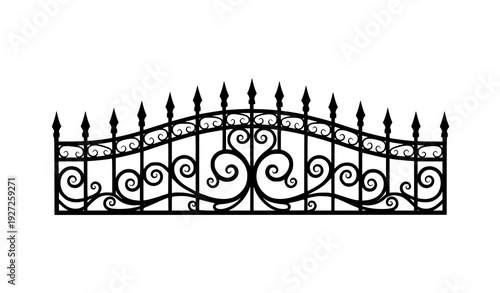 Black ornate scrollwork fence section with decorative spear finials elegant wrought iron design isolated on transparent background