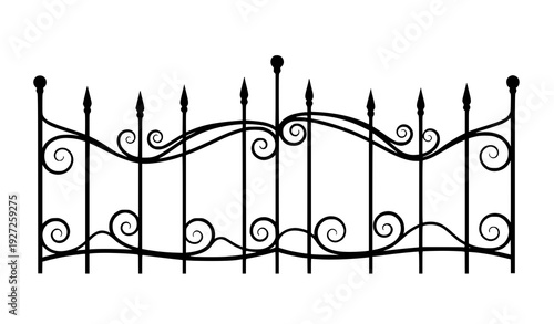 Ornamental black iron fence section with rounded finials and flowing scrollwork decorative railing isolated on transparent background
