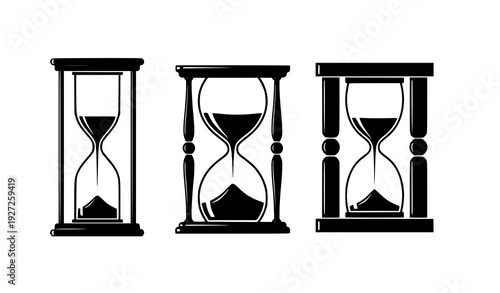 Black and white hourglass set in different classic styles sand timer clock collection isolated on transparent background