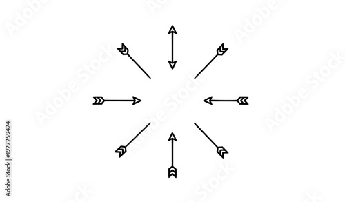 Minimal circular arrangement of black arrows pointing outward directional design isolated on transparent background