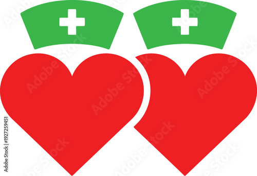Two hearts with nurse caps symbolizing healthcare and love
