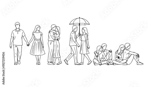 Line of romantic couples in various poses and actions love relationship silhouette vector set isolated on transparent background