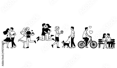 Silhouette line of romantic couples performing playful love actions in vector isolated on transparent background