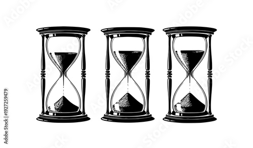 Ornate black and white hourglass sand timers with decorative frames time concept isolated on transparent background