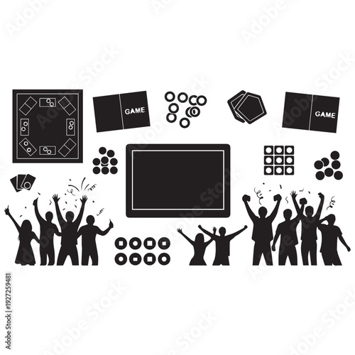 Excited people celebrating around various fun board games and gadgets