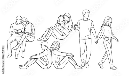 Minimalist black silhouette line of romantic couples in everyday love poses isolated on transparent background