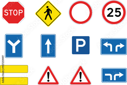 Free Download Road Traffic Sign Icon Set with Stop, Warning, Parking, and Direction Symbols for Navigation Design - GFXLoad