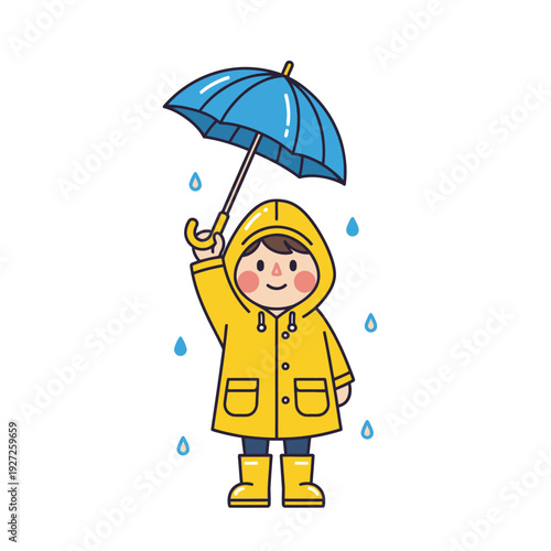 Happy child in yellow raincoat holding blue umbrella in rain, cartoon style