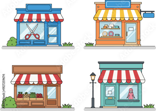 Small Local Shop Storefront Collection with Retail Buildings, Market Shops, and Commercial Business Exterior Designs
