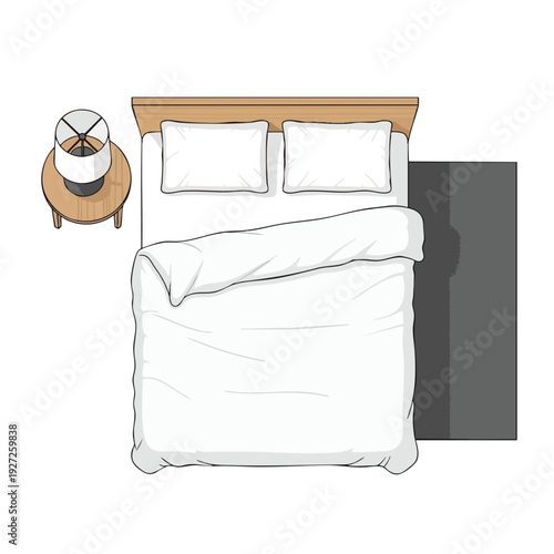 Elegant Top View of a Cozy Bed with White Bedding and Wooden Nightstand