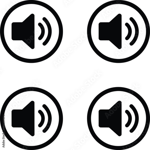 Four identical speaker icons arranged in a square formation with black outlines and white backgrounds