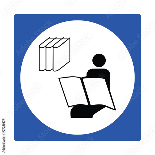Library Icon Vector – Reading Person with Open Book and Bookshelf Symbol, Blue Educational Sign for School, University, Study Area, Public Library, Learning Center and Academic Facility