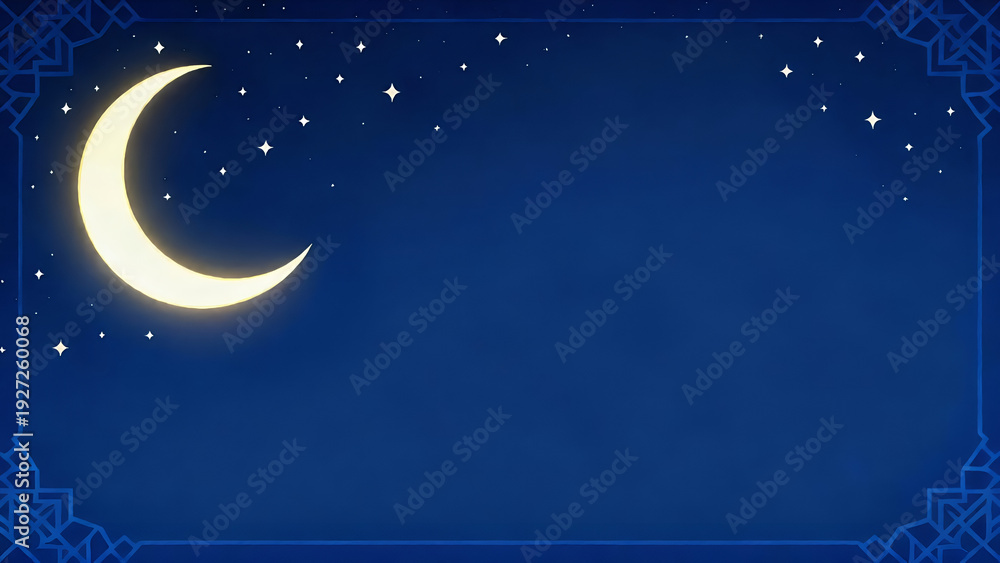 Fototapeta premium Ramadan night sky background with crescent moon and stars, perfect for social media and web banners.