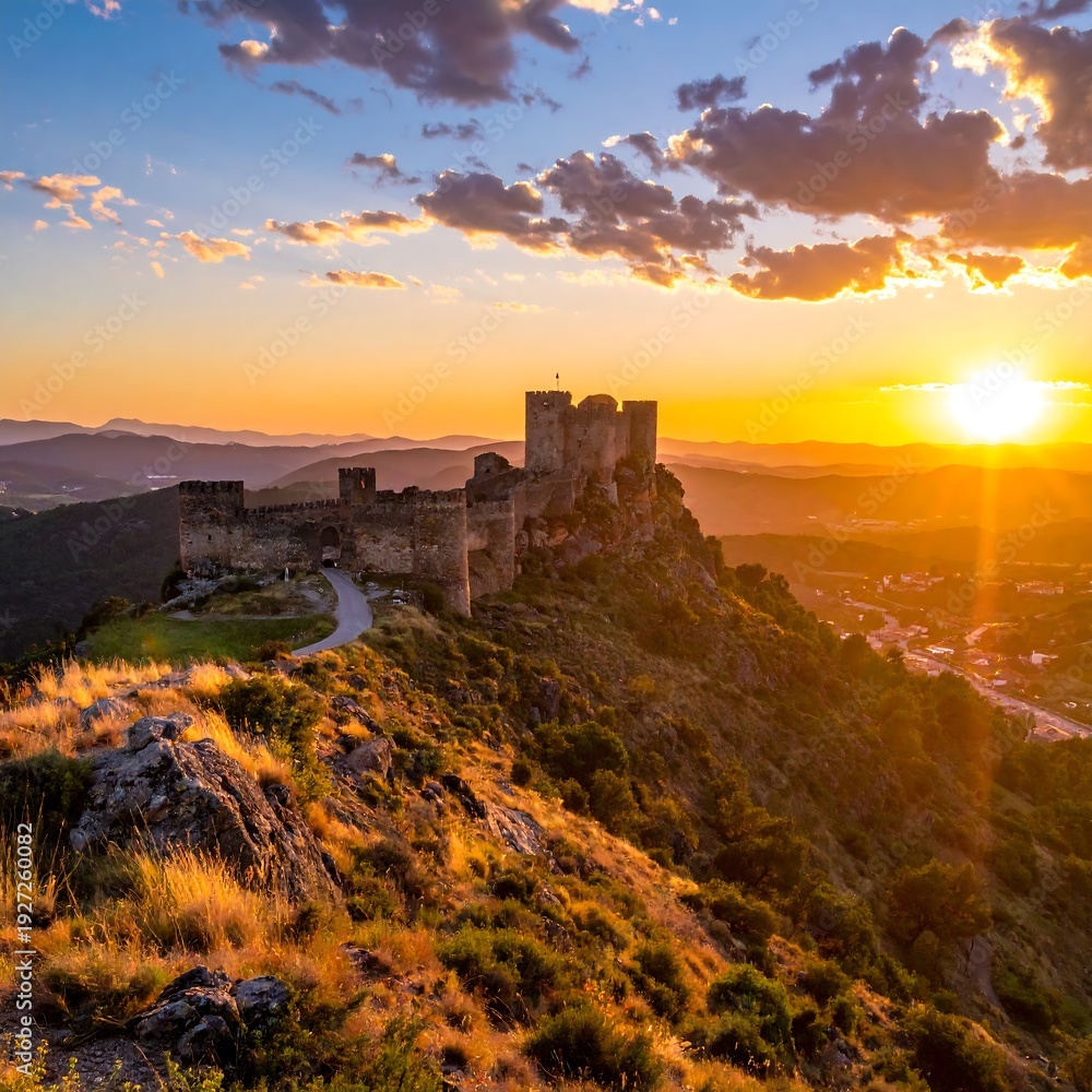 Fototapeta premium Sunset over ancient hilltop fortress with scenic landscape