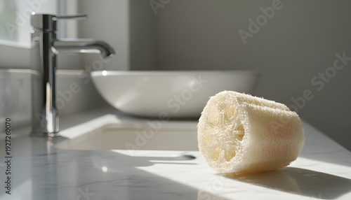 Natural loofah sponge resting on a clean marble sink in a bright modern bathroom, showcasing a minimalist self-care concept