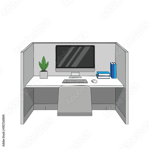 Modern office cubicle workspace with computer and decor