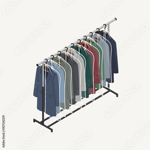 Isometric Style Garment Rack with Various Color Clothes Illustration