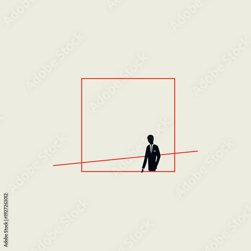 A minimalist business vector concept illustration showing a silhouette of a man stepping outside a red frame. Perfect for themes of boundary breaking.