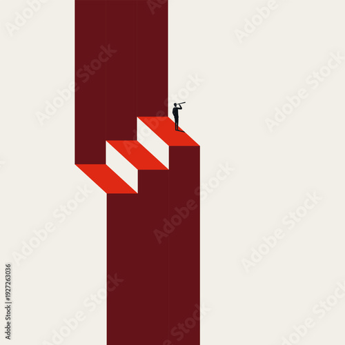 A minimalist business vector concept illustration showing a man looking ahead from floating stairs, highlighting vision despite obstacles and challenges.