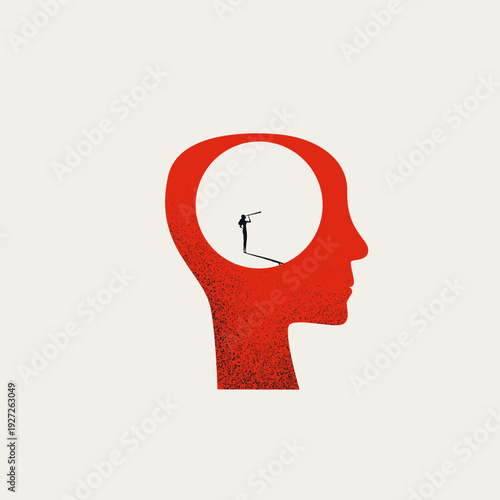 A minimalist business vector concept illustration portraying internal vision. A woman searches for ideas within a mind, representing deep brainstorming.