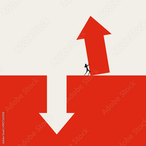 A minimalist business vector concept illustration of a woman reversing a downward trend. Represents economic recovery, turnaround, and financial effort.