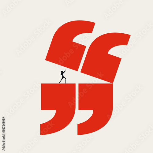 This minimalist business vector concept illustration portrays a woman struggling against crushing quote marks, symbolizing stress, bad news, or feedback.