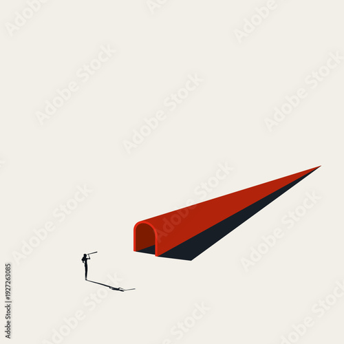 This minimalist vector illustration explores the concept of tunnel vision. A tiny silhouette figure uses a telescope to look directly into a long, dark red tunnel structure.