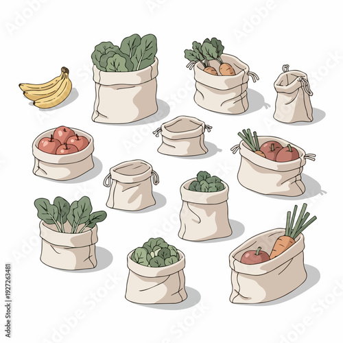 Hand Drawn Colored Groceries in Canvas Bag Illustration Elements