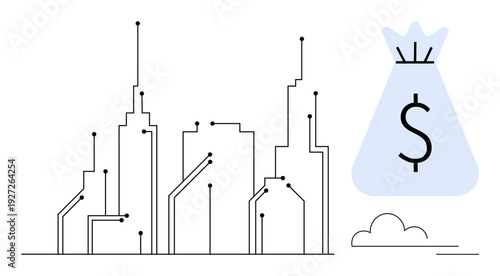 Connected city skyscrapers with digital lines representing technology and innovation next to a money bag icon. Ideal for fintech, smart cities, investments, finance apps, tech economy, banking
