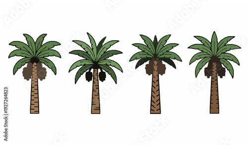 Date Palm Tree Icon Style Vector Set With Hanging Fruit Bunches