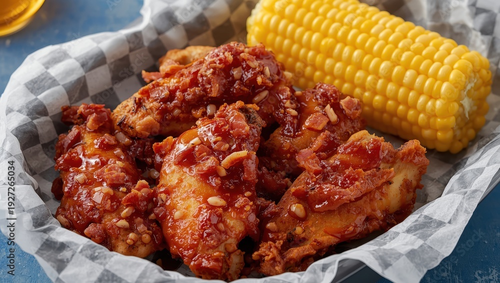 Fototapeta premium Crispy chicken wings in smoky BBQ sauce with bacon, accompanied by creamy corn on the cob