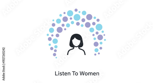 Feminist icon, Listen To Women symbol, woman silhouette with colorful circle pattern
