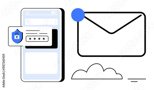 Data security concept. Data security through password protection and email encryption. Data security ensures safe cloud storage and online communication. For technology, business, IT, privacy