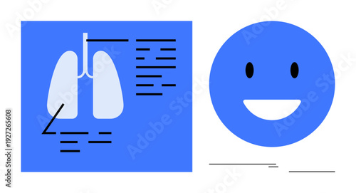 Medical diagram of human lungs with annotations next to a cheerful blue smile emotion. Ideal for health, wellness, respiratory care, science, medicine, positivity, education. Clean simple flat