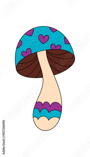 Groovy retro cartoon mushroom icon in psychedelic and colorful y2k style. Trippy magic shroom as a fantasy pop groovy element, perfect for funky and playful abstract art or sticker themes.