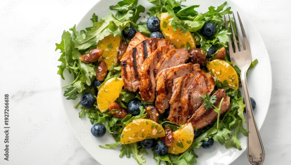 Fototapeta premium Delicious salad featuring grilled duck, orange, blueberries, and arugula, shot from above on a white surface