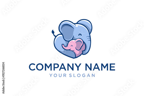 Cute Cartoon Mother and Baby Elephant Hugging Logo Design