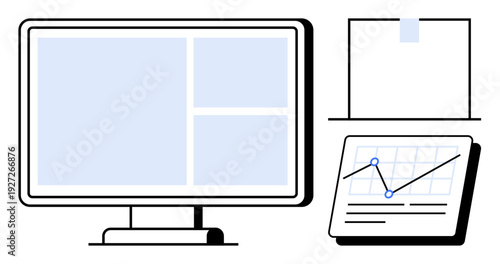 Monitor displaying open windows, paper on wall board, and analytics graph on tablet screen. Ideal for productivity, technology, office, data analysis, organization workflow simplicity. Clean flat