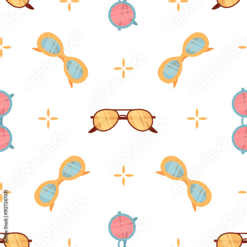 Flat sunscreen bottle and sunglasses seamless pattern. Sunblock lotion tube with sun cream and spf bottle, seamless summer background. Sun protection summer care texture, perfect repeat for flat