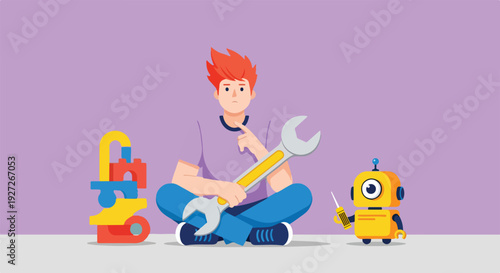 Man holding wrench with robot and building blocks, a problem-solving and development concept.