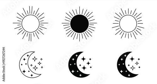 Celestial Bodies Sun Moon Stars Simple Line Art Vector Illustration