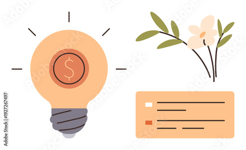Business innovation, financial success, eco-friendly ideas, entrepreneurship, budgeting, creative economy. Light bulb dollar symbol, flower and document. Business innovation and financial success