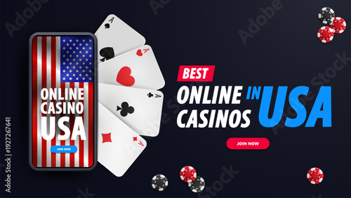 Best online casinos in USA, web banner with a smartphone with flag of USA on background, playing cards and poker chips, top view.