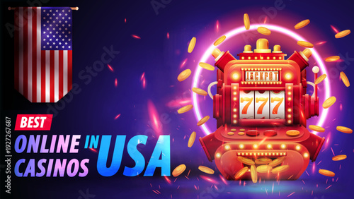 Online casino, 3D banner for USA market with slot machine with gold coins and flag of USA. Gambling promotion template for betting website and digital marketing